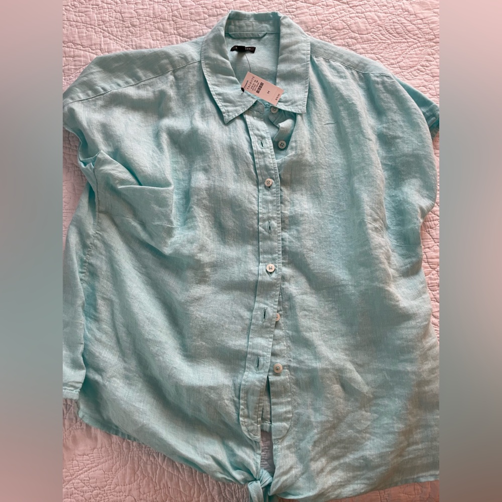 Turquoise Talbots Cap Sleeve Button-Up Shirt with Tie Waist